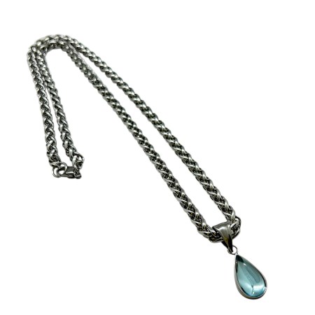 necklace steel silver tear stone blue